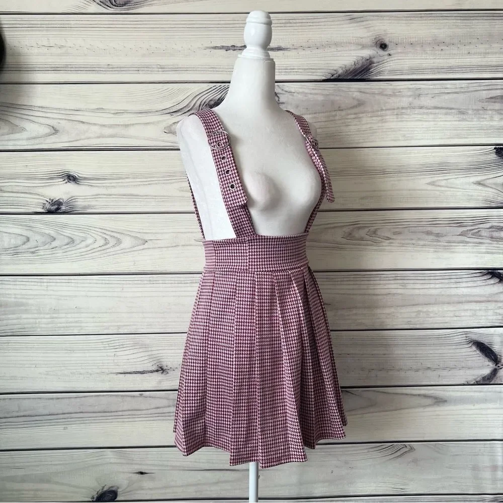 Forever 21 Maroon & White Houndstooth Pleated High Waist Skirt with Straps